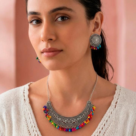 Multicolor Beads Oxidized Silver Necklace Set with Earrings for Women | Ethnic & Festive Jewelry