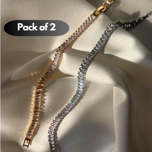 Emerald Diamond Tennis Bracelet Pack of 2 | Unisex Sparkly Cubic Zirconia Gold & Silver Bracelets