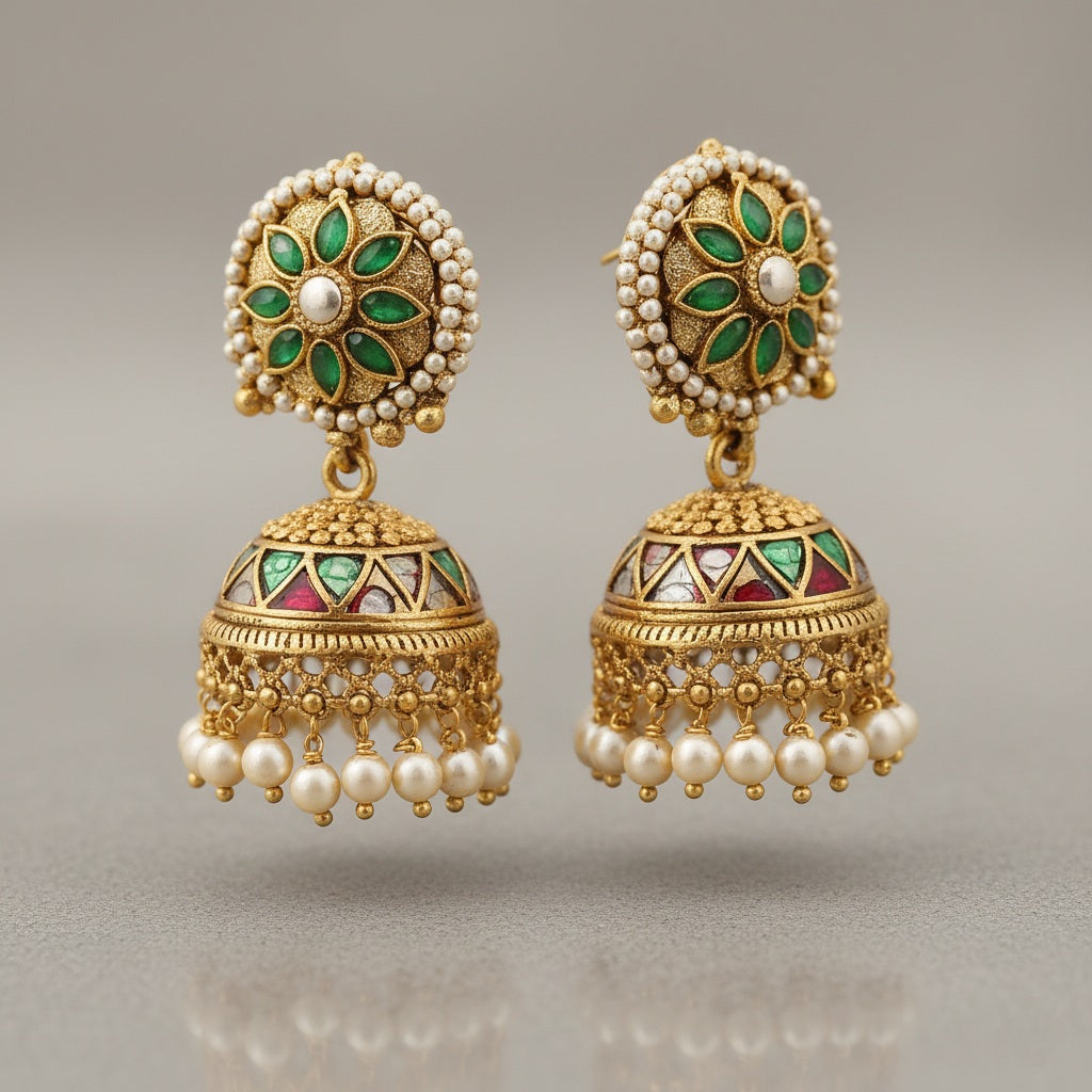 Elegant Jhumka with Pearls & Green Stones