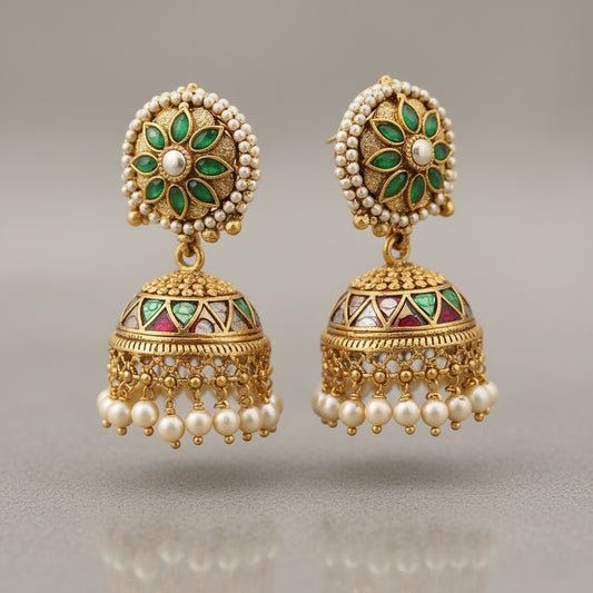 Elegant Jhumka with Pearls & Green Stones