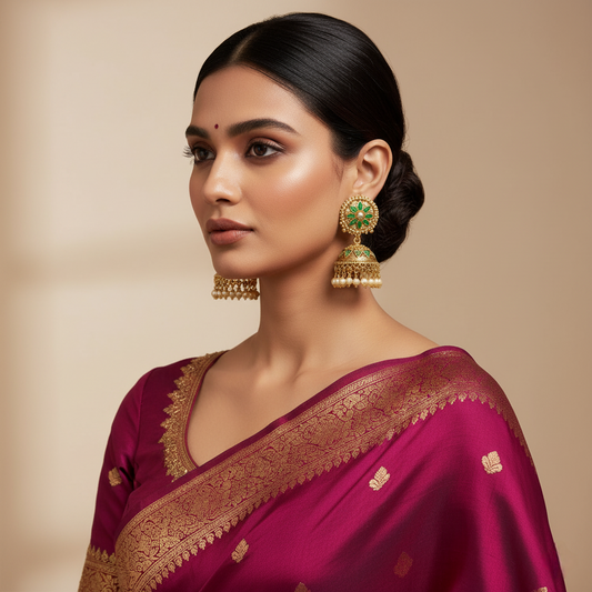 Elegant Jhumka with Pearls & Green Stones